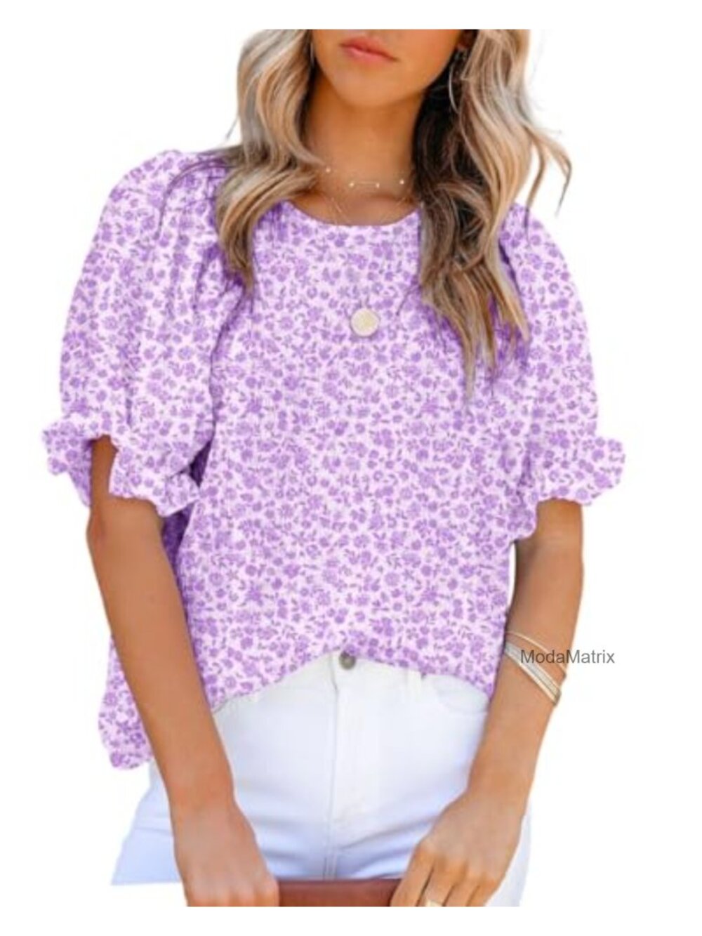 Women's Floral Puff Sleeve Peasant Tunic Top Crew Neck Pullover Blouse